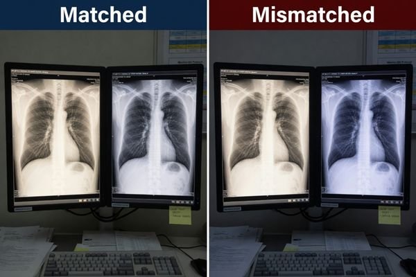 An image showing a side-by-side comparison of two dual-head workstations; one has perfectly matched monitors, while the other shows a clear difference in brightness and color temperature