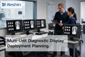 Radiology team reviewing a multi-unit diagnostic display deployment with matched medical monitors in a PACS reading room