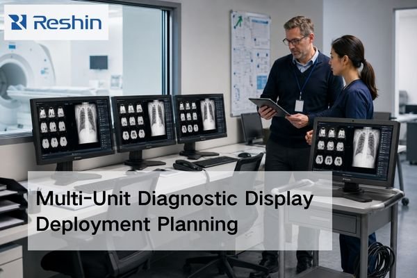 Radiology team reviewing a multi-unit diagnostic display deployment with matched medical monitors in a PACS reading room