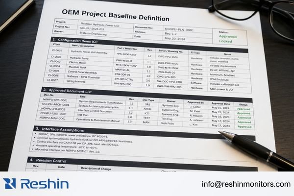 A technical baseline sheet showing configuration items, approved documents, interface assumptions, and revision references for an OEM medical display project