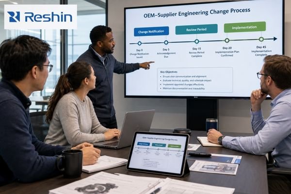 An OEM team and display manufacturer reviewing revision timing, impact notes, and synchronized documents during a structured change discussion