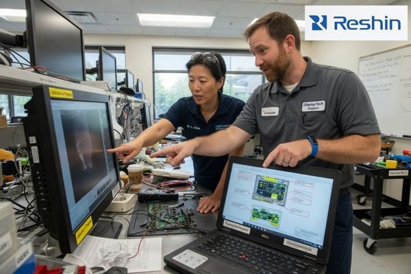 An OEM engineer and a display manufacturer’s support engineer resolving a verification question with aligned documents and sample references