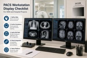PACS workstation display checklist scene with dual diagnostic monitors for OEM and hospital imaging projects