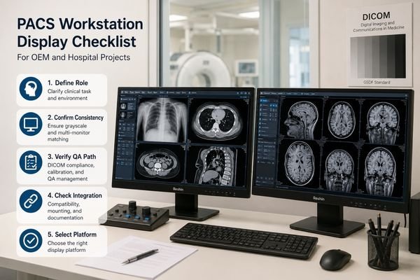 PACS workstation display checklist scene with dual diagnostic monitors for OEM and hospital imaging projects