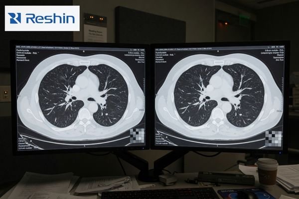 An image of a dual-monitor PACS workstation showing a CT scan split across both screens, with perfectly matched grayscale and brightness