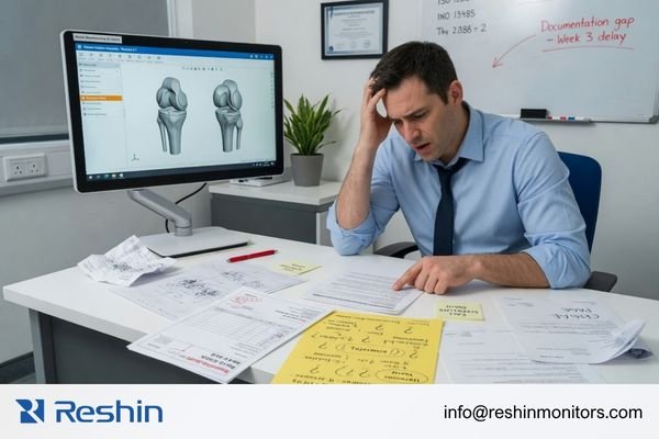 engineer reviewing medical display supplier documentation including drawings specifications and interface sheets