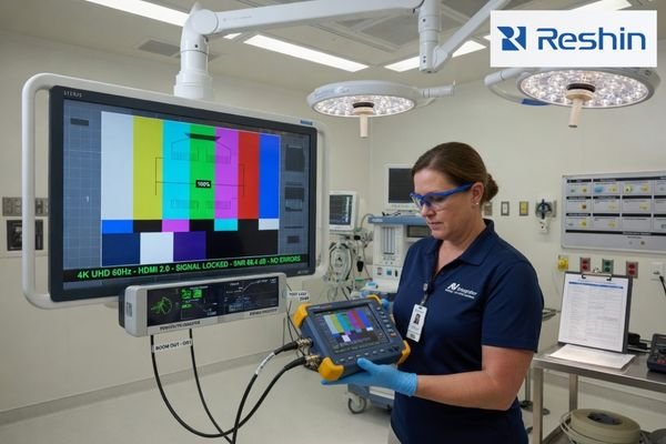 An OR integrator validating a routed surgical video signal with a test device at the display end of the chain