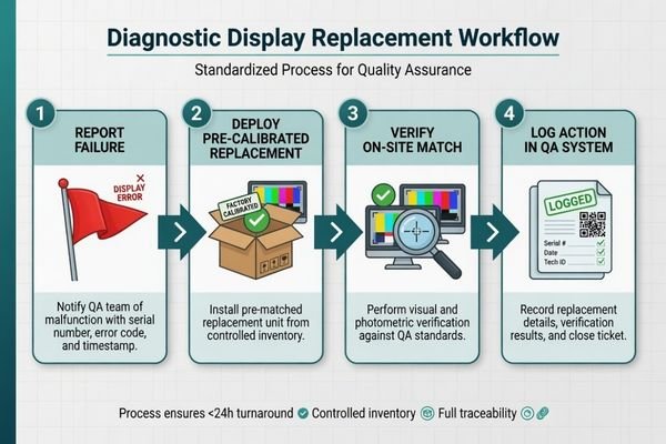 An image of a flowchart illustrating a pre-defined replacement workflow: 1. Report Failure, 2. Deploy Pre-Calibrated Replacement Unit, 3. Verify Match, 4. Log Action in QA System