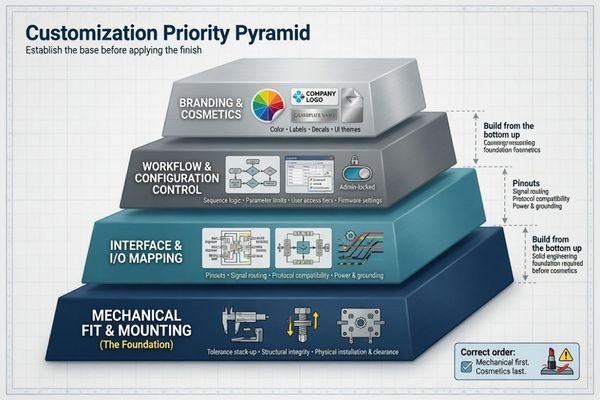 A priority ladder showing mechanical fit, interface mapping, workflow behavior, and branding in descending order of project impact