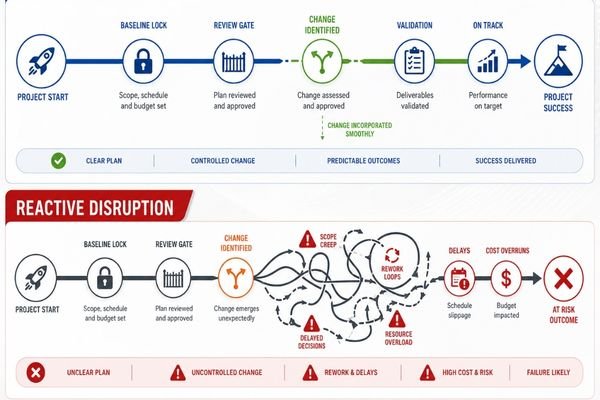 An image of two project paths, one structured and one disrupted, representing proactive versus reactive change planning in OEM projects