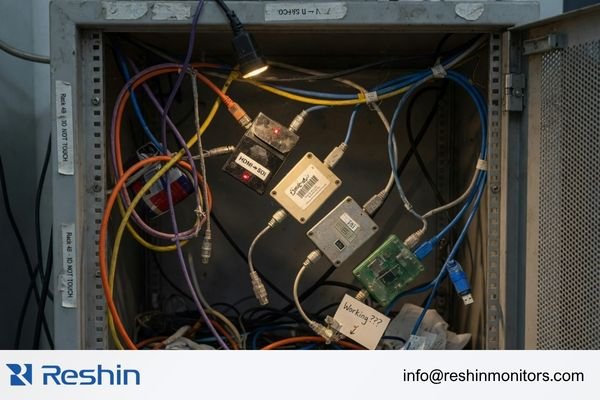 A high-risk surgical routing setup with multiple converters, long cable runs, and cluttered signal management behind an OR wall panel