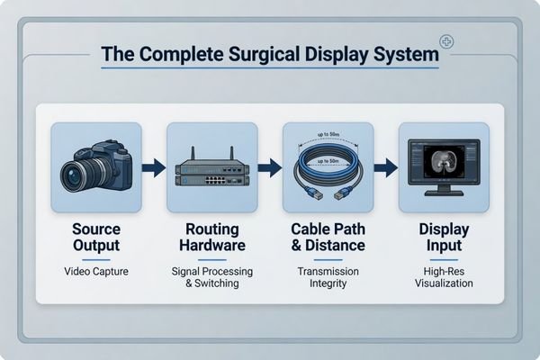 A simplified signal path diagram showing source output, routing hardware, cable run, and display input as one surgical display system