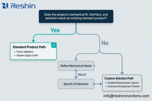A decision tree diagram comparing the paths for standard products versus custom medical displays