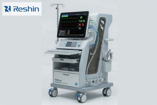 A standard medical display integrated into a straightforward equipment platform with clean mounting and accessible cable routing