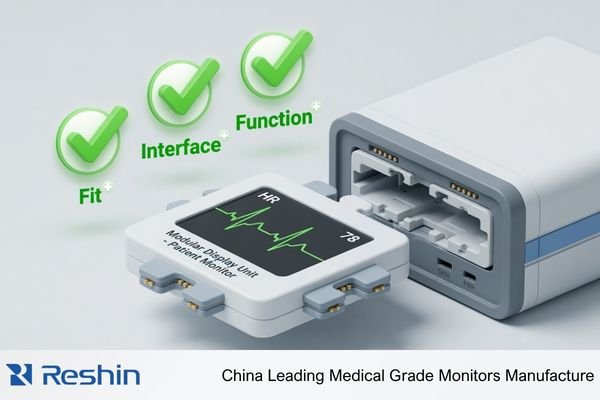 A graphic showing a standard medical display perfectly fitting into a pre-designed equipment cart, with checkmarks for 'Fit,' 'Interface,' and 'Function'