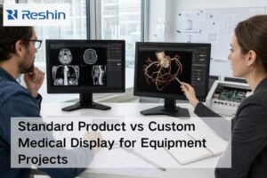 Engineers reviewing standard and custom medical display options for a medical equipment project