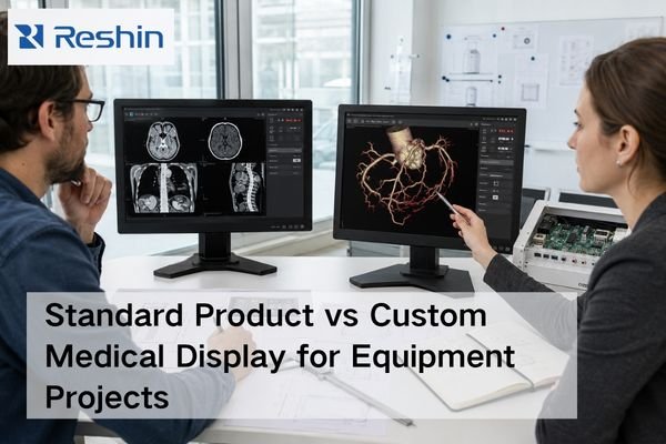 Engineers reviewing standard and custom medical display options for a medical equipment project