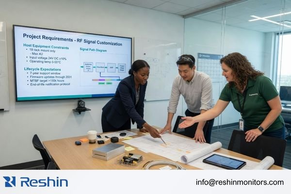 An engineering team reviewing equipment constraints, display size, signal path, and lifecycle requirements before defining customization scope