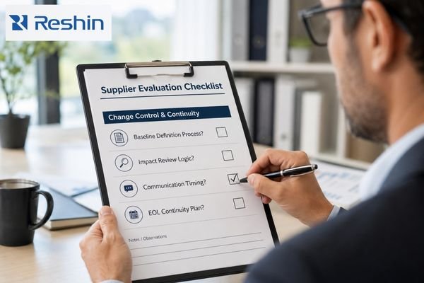 A buyer reviewing a supplier evaluation checklist focused on baseline definition, change review, and continuity planning