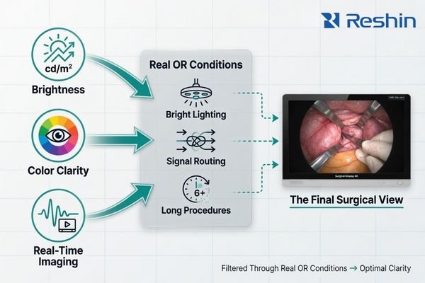 A diagram showing brightness, color clarity, and real-time imaging being tested against real OR conditions before producing the final surgical view