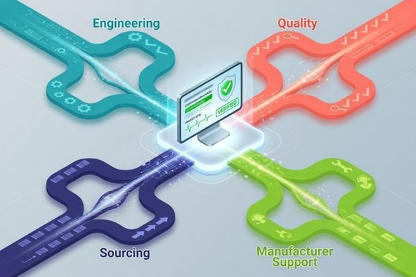 A project diagram showing engineering, quality, sourcing, and manufacturer support converging around one verified display configuration