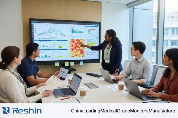 An OEM engineering team and a display manufacturer reviewing a verified sample, technical documents, and configuration notes during a project meeting