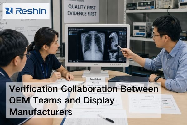 OEM and display manufacturer engineers reviewing a medical display sample, verification documents, and configuration evidence in a lab