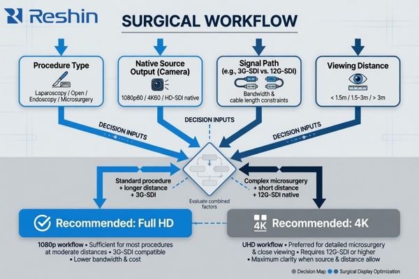 A workflow-first decision map showing procedure type, source output, signal path, and viewing distance leading to a resolution choice