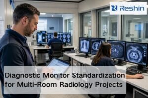 Biomedical engineer reviewing multi-room radiology monitor standardization plan with diagnostic workstations