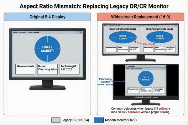 A diagram showing how a 1280x1024 DR/CR workstation interface appears on a 5:4 display compared with a widescreen monitor
