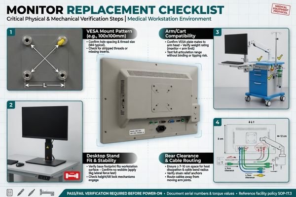 An image showing VESA mounting, desktop stand, medical cart installation and cable routing checks for a DR/CR workstation monitor replacement