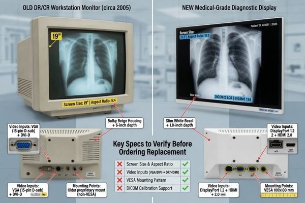 An image showing an old DR/CR workstation monitor next to a new medical display, with labels for screen size, aspect ratio, video inputs and mounting points