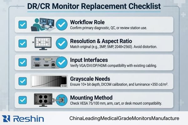 A checklist graphic showing DR/CR monitor replacement items: workflow, resolution, aspect ratio, inputs, grayscale and mounting