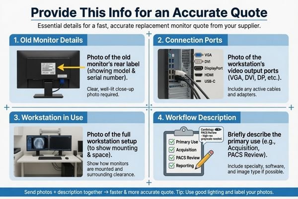 An image showing the information buyers should send for a DR/CR monitor replacement quote, including monitor label, input ports, workstation photo and mounting method