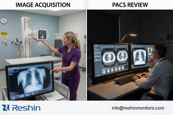 An image showing two DR/CR workstation workflows: one for image acquisition and one for PACS review, with different monitor requirements
