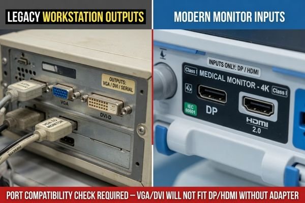 An image showing legacy DR/CR workstation output ports such as VGA and DVI compared with modern medical monitor inputs such as DP and HDMI