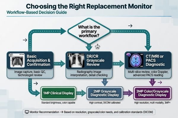 An image showing a DR/CR monitor replacement path from 1MP acquisition display to 2MP grayscale and 3MP diagnostic displays