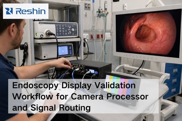 Endoscopy display validation with camera processor, signal routing equipment and color output test