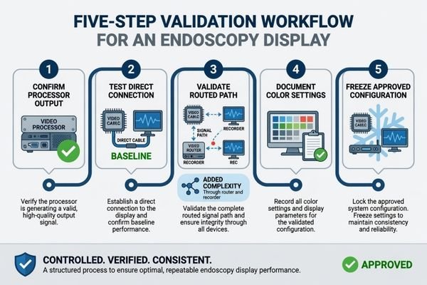 Endoscopy display validation workflow for camera processor and signal routing