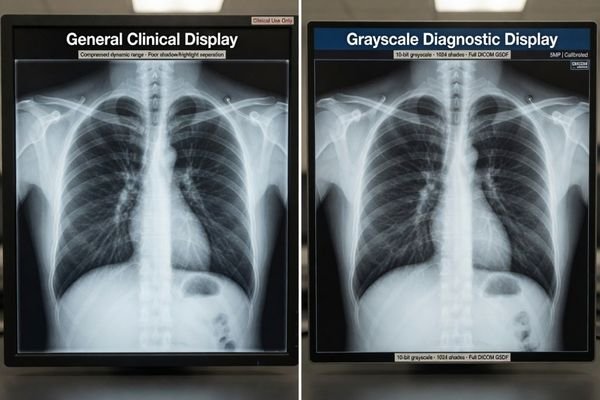 An image showing X-ray grayscale comparison on a general clinical display and a grayscale diagnostic display