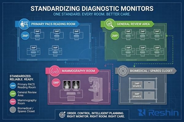 Multi-room radiology diagnostic monitor standardization