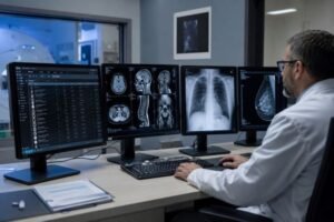 Radiology monitor workstation showing PACS, CT/MRI, DR/CR and mammography images