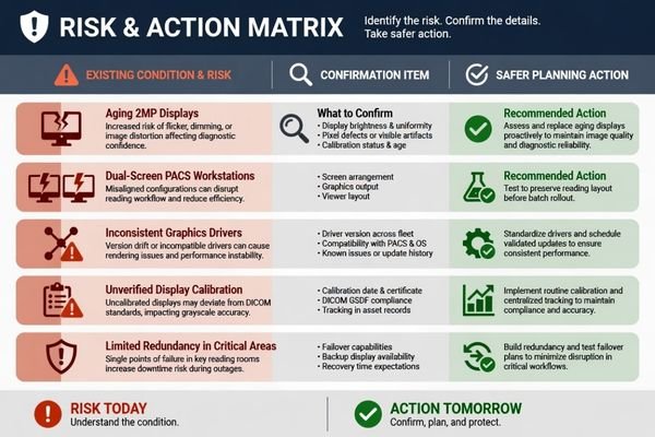 Radiology monitor replacement planning matrix for PACS workstations
