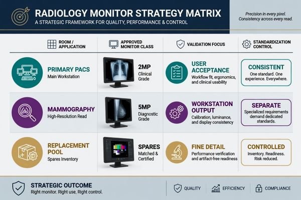 Multi-room radiology monitor standardization matrix