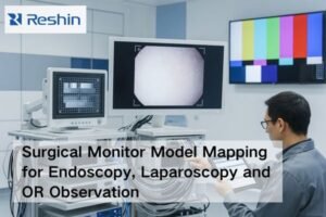 Surgical monitor model mapping scene with endoscopy tower, main surgical display and OR observation monitor