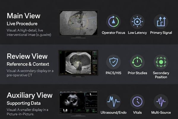 Main view review view and auxiliary display roles