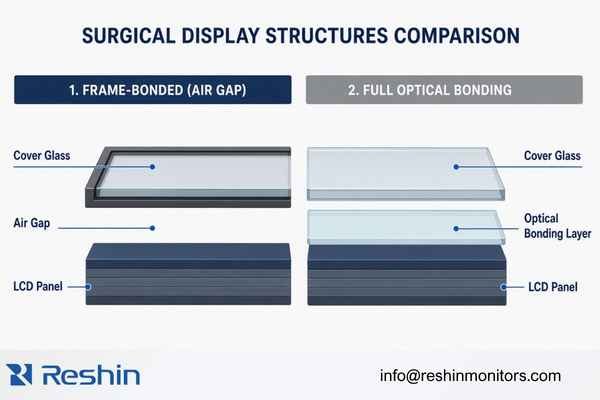 A clear technical cross-section comparing frame-bonded protective glass with an air gap against a fully bonded surgical display with cover glass, optical bonding layer and LCD panel