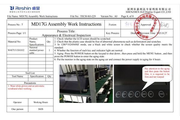 MD17G medical display inspection instructions for 1280 by 1024 at 60Hz native workstation format