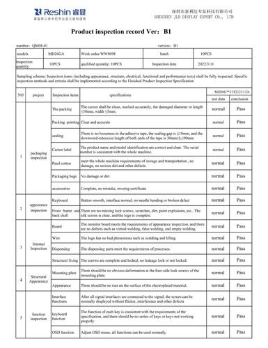 MD26GA 2MP diagnostic monitor product inspection record showing controlled finished-product verification