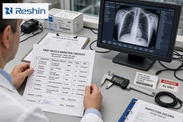 An image showing a pre-pilot medical display FAI checklist with completed boxes for baseline, firmware, mounting, interfaces, labeling, packaging, records, traceability, and release decision